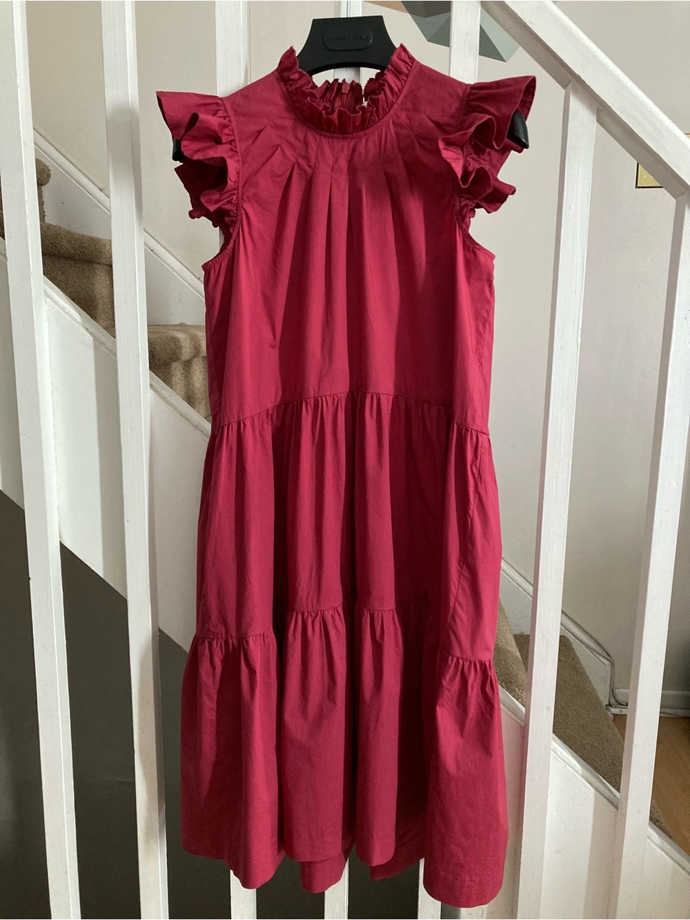Sea NY Crimson Red Pink Sleeveless Cotton Tiered Ruffle Gathered Pleat Dress